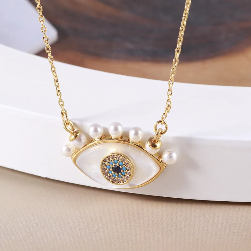 

European and American Fashion Gold Plated Brass Inlaid Mothershell Rhinestone Pearl Necklace Collarbone Chain Women's Jewelry