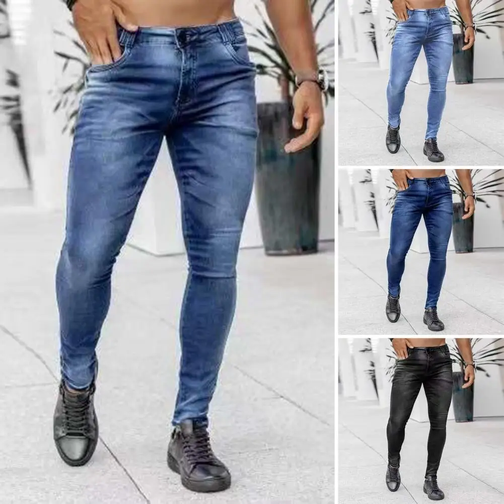 Trendy Solid Color Tear Resistant Slim-fitting Straight Denim Pants Wear-resistant Men Jeans for Daily Wear Party School