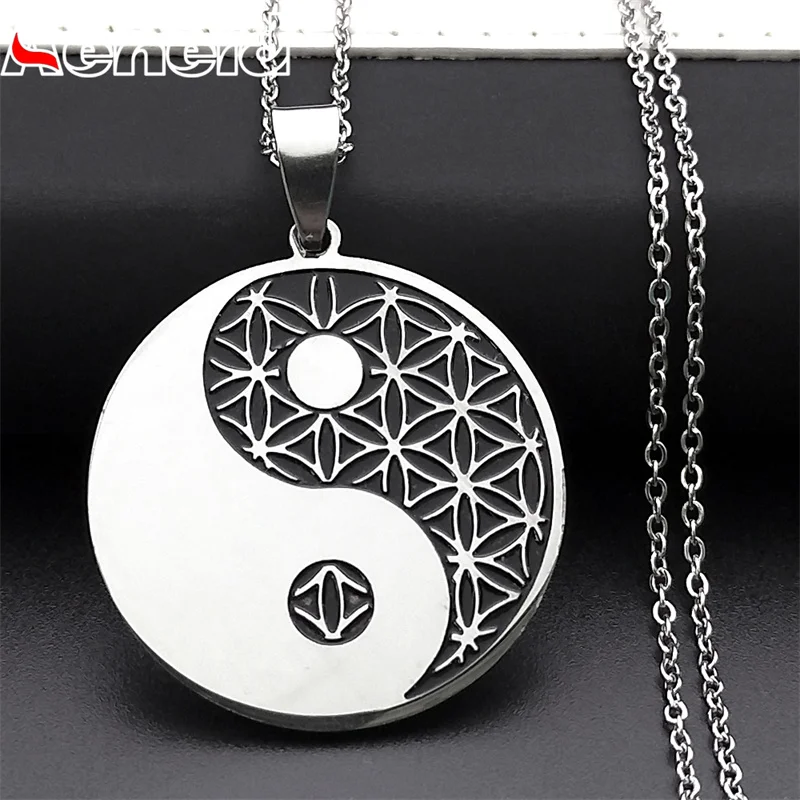 

Yin Yang Taiji Taoism Sign Necklace Stainless Steel Mens Silver Color Flower of Life Chinese Taoist Necklaces Jewelry N939S04