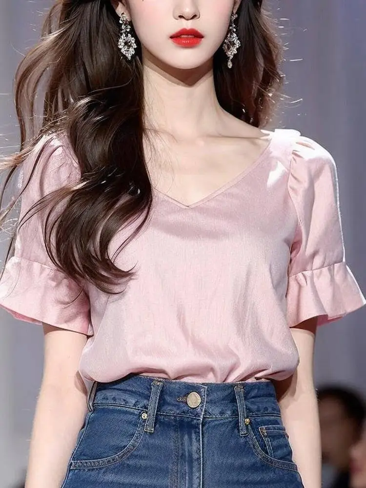 Модная женская рубашка с V-образным вырезом и коротким рукавом |