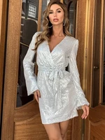 missord summer mini lantern sleeve belted dress for women 2022 sequined club party elegant bodycon short prom y2k dresses white