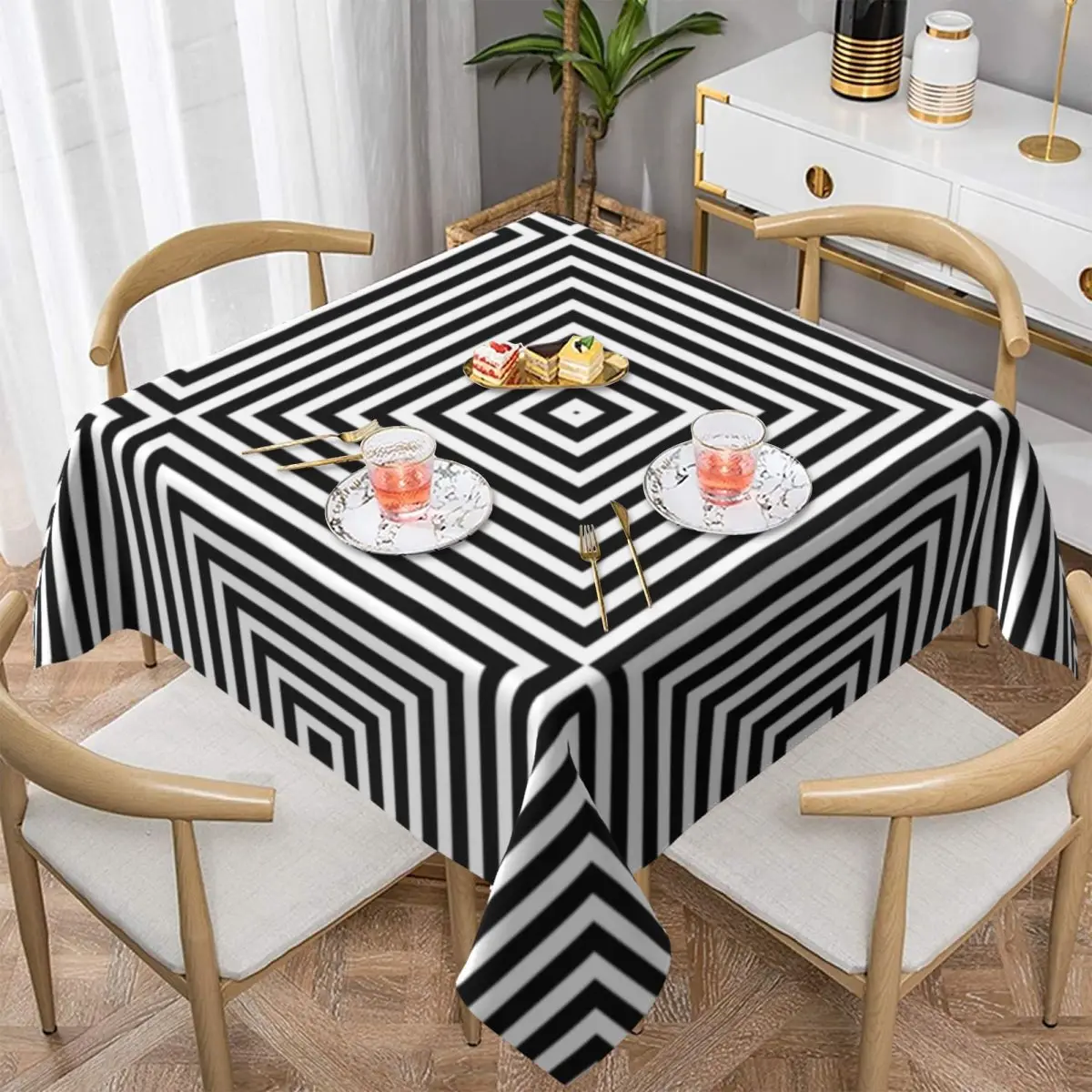 

Black And White Line Tablecloth Square Optical Illusion Spring Polyester Table Cover Washable Cheap Decoration Custom TableCloth