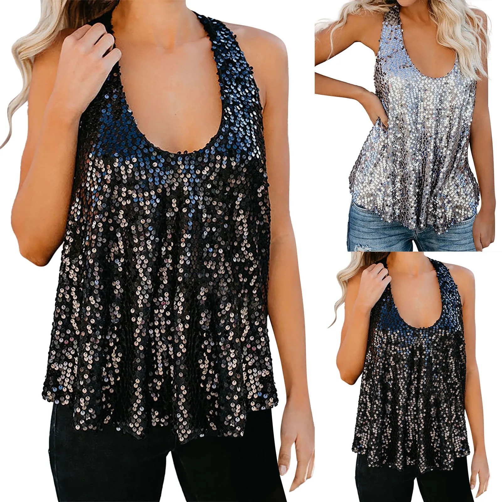 

Черный блестящий топ с блестками для женщин, майка без рукавов, модные летние топы, Золотая майка для вечеринки, Спортивная Клубная одежда, т...
