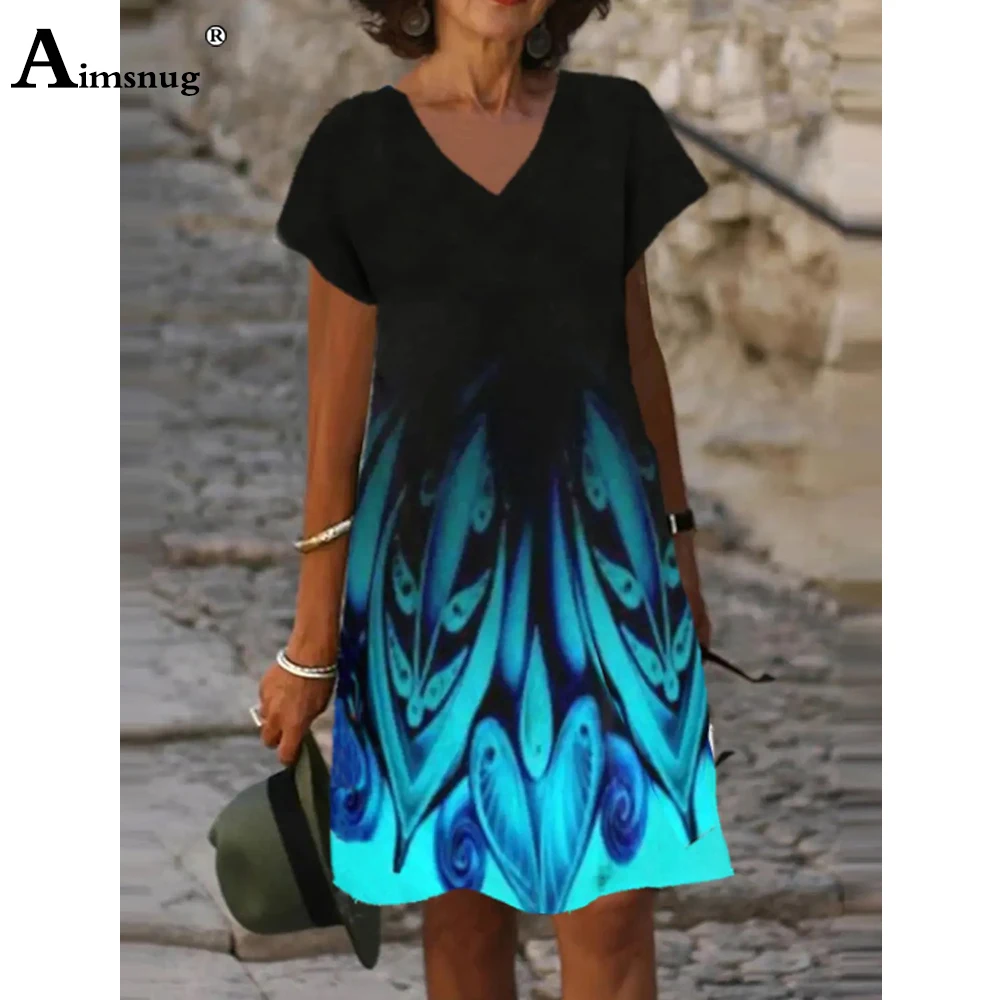 

Aimsnug 2022 Summer Ladies Elegant Knee-Length Dress Short Sleeve Fashion 3D Print Dresses Plus size 3xl Women Bohemian Dress