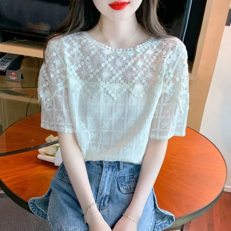Женская футболка с круглым вырезом однотонная кружевная Простая Офисная