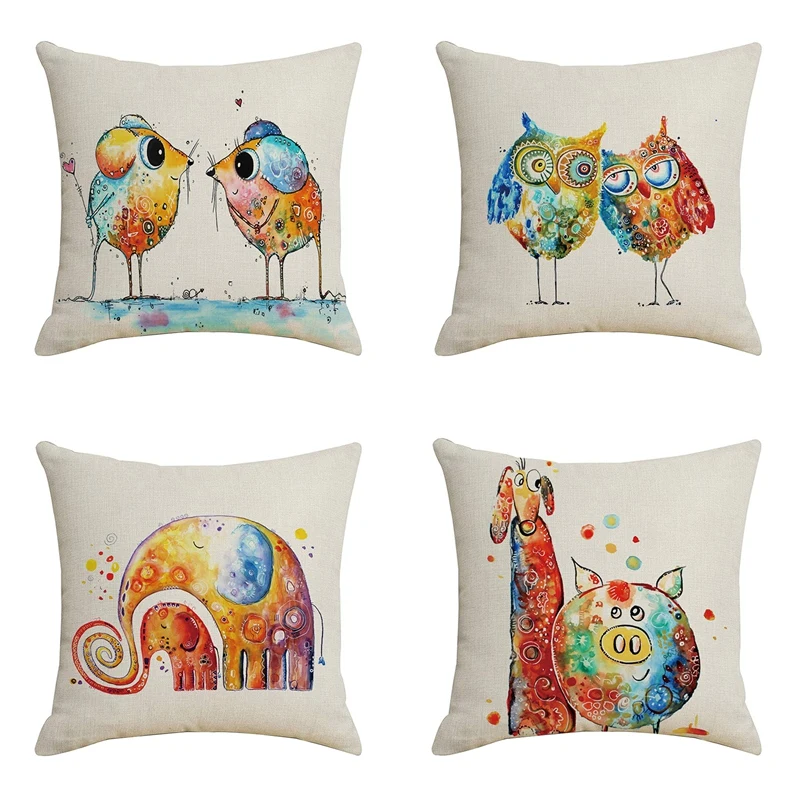 

4PCS Watercolor Cartoon Animals Throw Pillow Cases Decorative Home Living Room Bedroom Sofa Pillowcase 45X45CM
