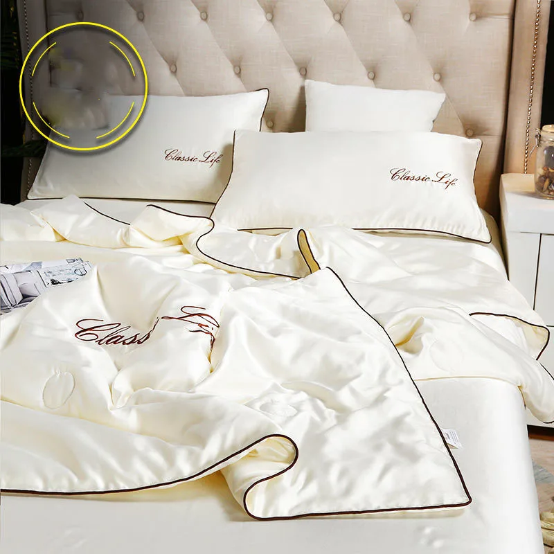 

Luxury Emulation Silk Summer Blanket for Bed Embroidery Satin Quilt Queen King Machine Washable Cool Bed Cover Quilted Bedspread