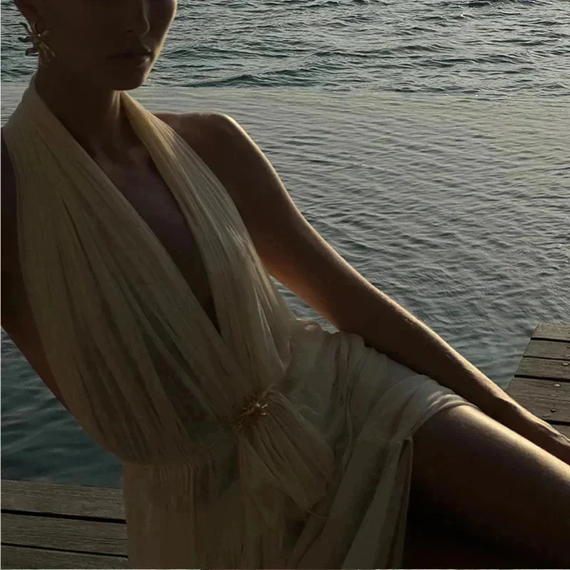 Женские сексуальные марлевые костюмы с лямкой на шее плиссированный укороченный