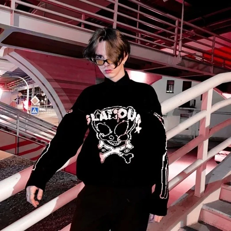 

Street wear bone skeleton knitting sweater casual women's loose Gothic Halloween costume pullover Couple Harajuku Y2K costume