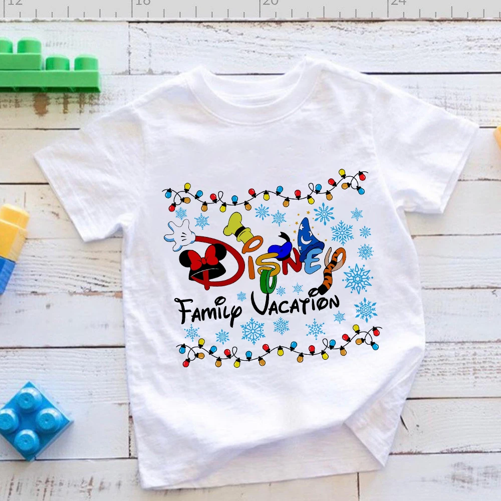 

Disney Kids T-Shirts Minnie Print Creativity Family Vacation Christmas Girls Clothes Popular Y2K Cartoon Child T Shirt Comfy Tee