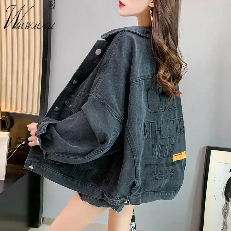 

Casual Loose Black Denim Jacket Women Boyfriend Oversize Jean Coat Letter Embroidery Streetwear Outerwear Spring Denim Chaquetas