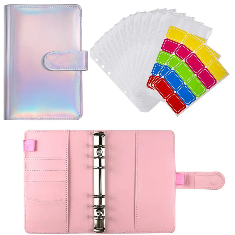 

A6 laser Binder Budget Planner Notebook Covers Folder A6 Size 6 Hole Binder Pockets Plastic Binder Zipper money saving envelope