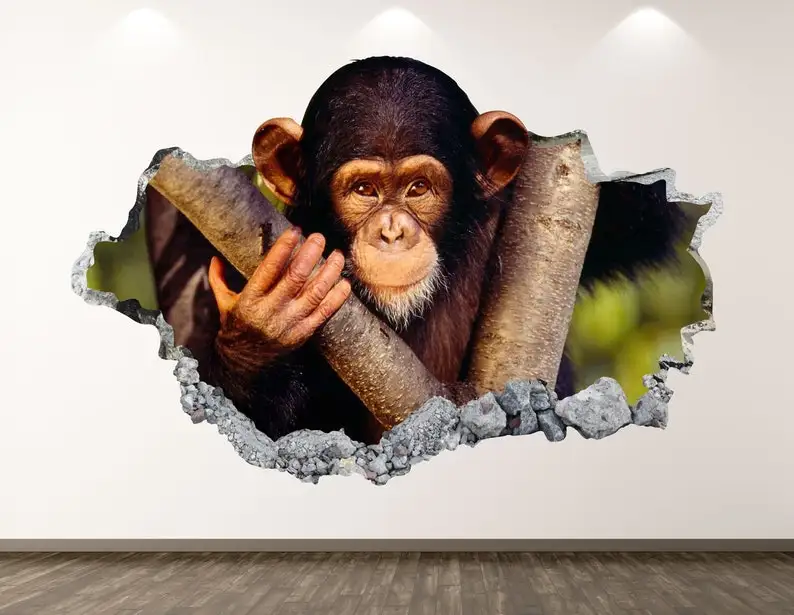

Chimpanzee Wall Decal - Animal 3D Smashed Wall Art Sticker Kids Room Decor Vinyl Home Poster Custom Gift KD105