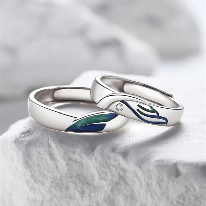 

100% Real Certified Sterling 925 Silver Couple Rings for Lovers Men and Women Original Bird And Fish Jewelry for Gift