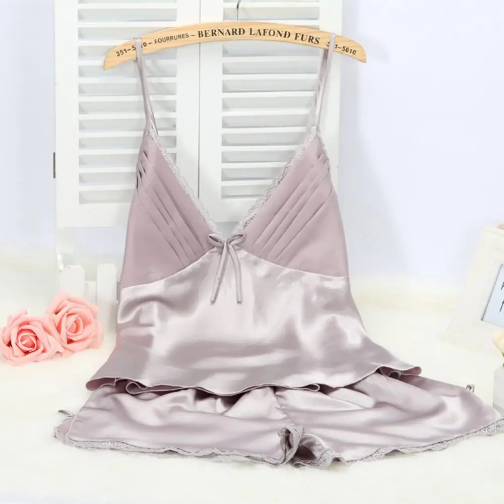 

Women Sexy Solid Color Lace Pajamas Spaghetti Straps Camisole Elastic Shorts одежда для женщин лето Women Pajamas Sets