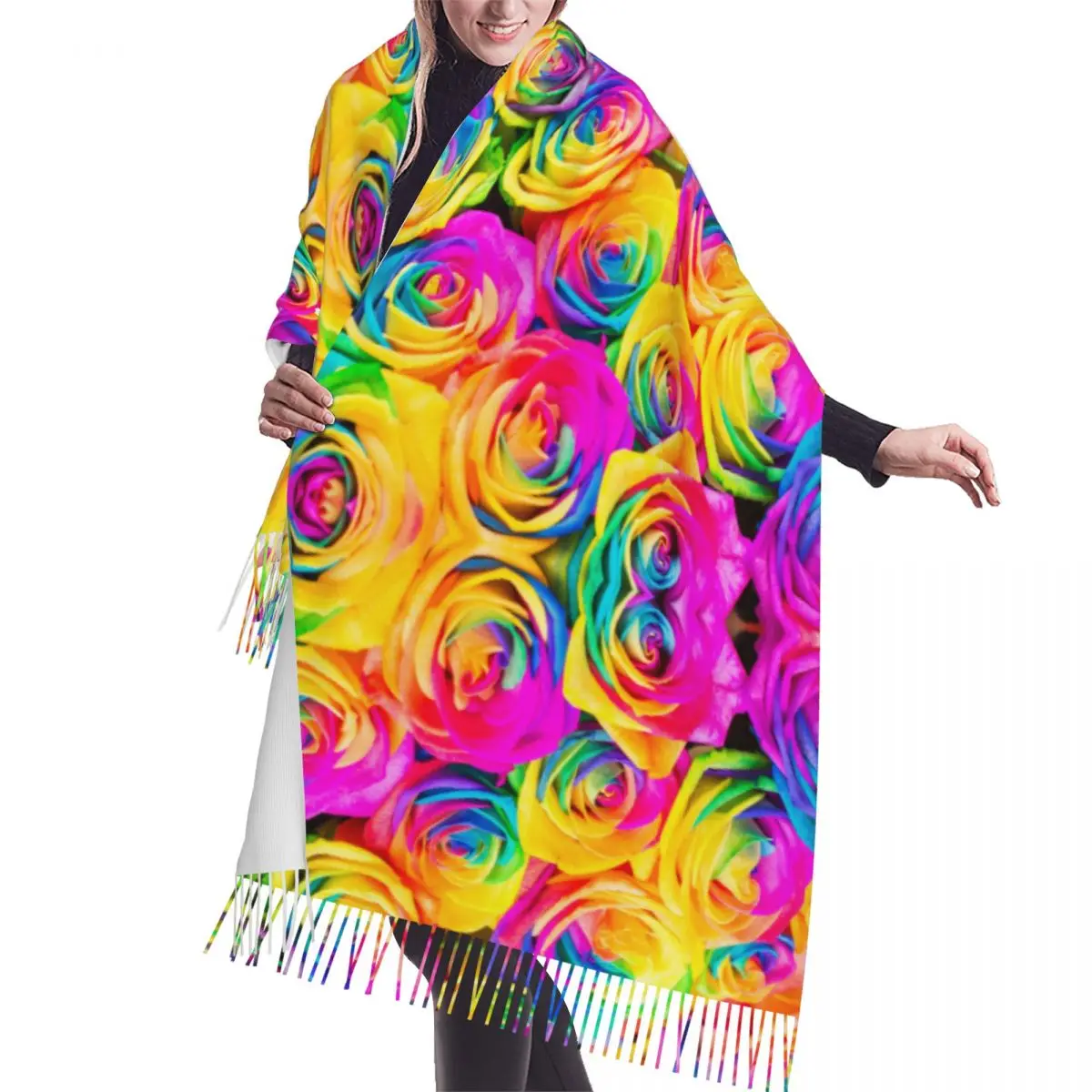 

Colorful Roses Romantic Winter Scarf Shawls Wrap Women Men Warm Bufanda Tassel Scarves
