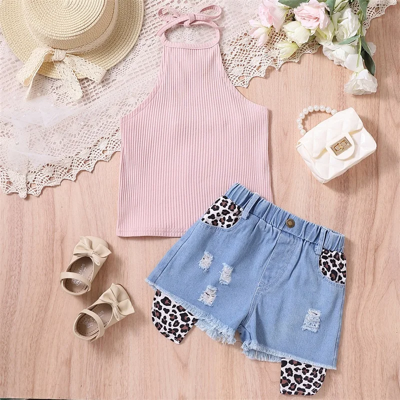 

2023-01-16 Lioraitiin 3-8years Toddler Girls 2Pcs Summer Clothes Knit Rib Halterneck Tops Leopard Patchwork Ripped Denim Shorts