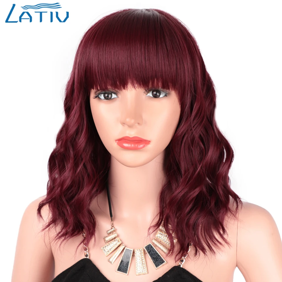 

Синтетический короткий волнистый парик в виде Боба с челкой, винно-красный парик длиной плеч для женщин, парик из термостойкого волокна чер...