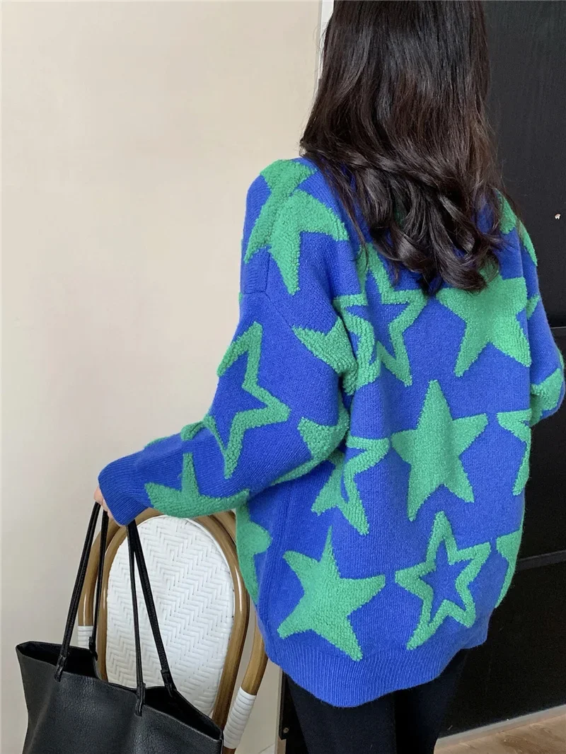 Японский вязаный пуловер женский свитер свободного покроя с узором в виде звезд