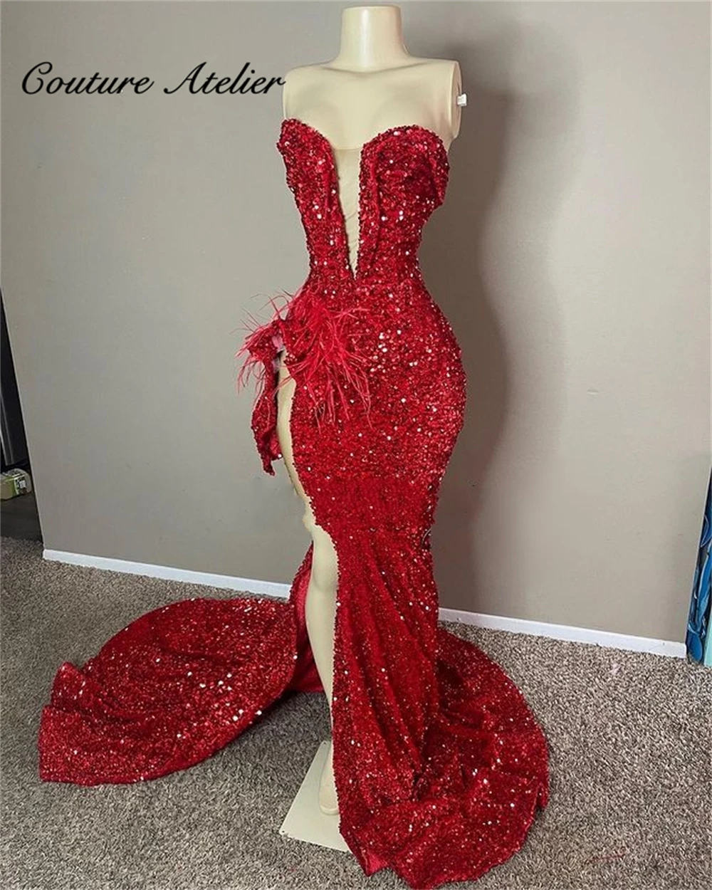 

Red Feathers Sequin Prom Dresses 2023 For Black Girls Slit Mermaid Cocktail Dress Elegant Formal Occasion Gowns vestidos de gala