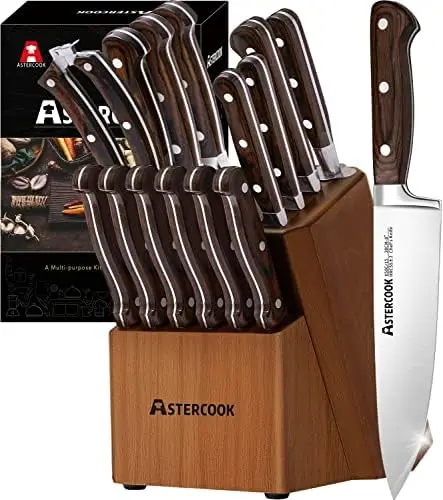 

Set, 15 Pcs Kitchen Knife Set With Block, Astercook German Stainless Steel With Scissors, Knife Sharpener and 6 Serrated Steak K