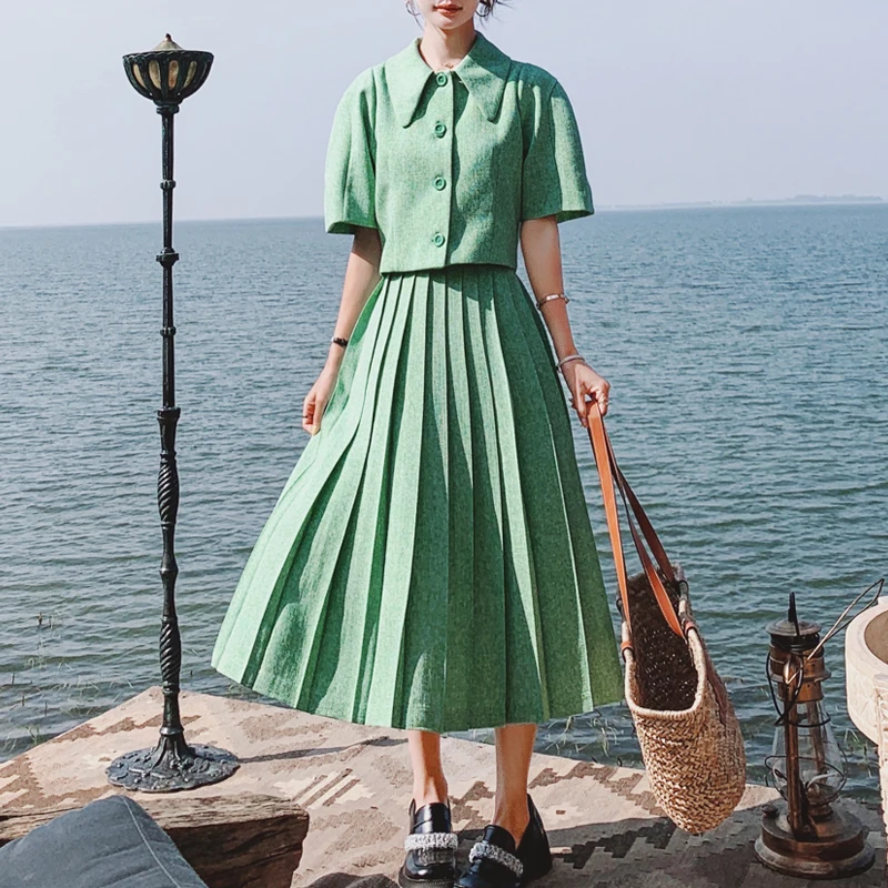 

New Spring Summer Women's Set Single Breasted Crop Small Blazer Coat And High Waist Mid Pleated Skirt Fashion Female 2 Piece Set