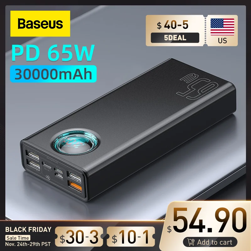 Baseus 65W Power Bank 30000mAh/20000mAh PD Quick Charge FCP SCP Powerbank Portable External Charger For Smartphone Laptop Tablet