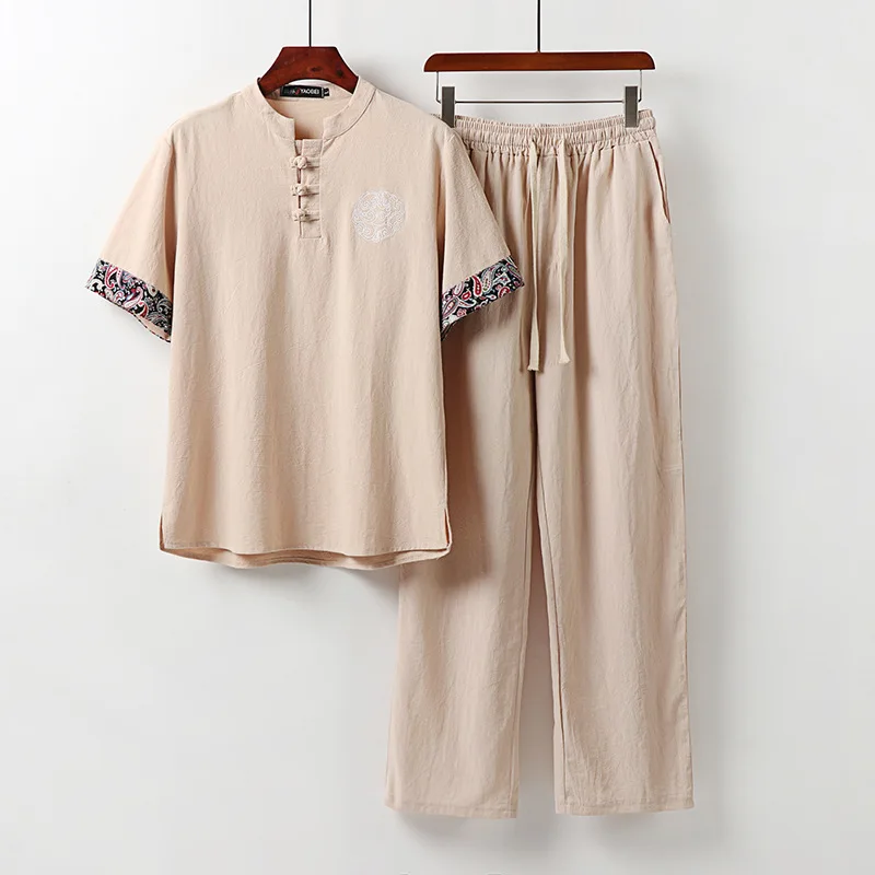 Linen Short Sleeve Suit Middle-Aged and Elderly Buckle Loose Cotton and Linen Half Sleeves Daddy's Short SleeveTT-shirt Two-Piec