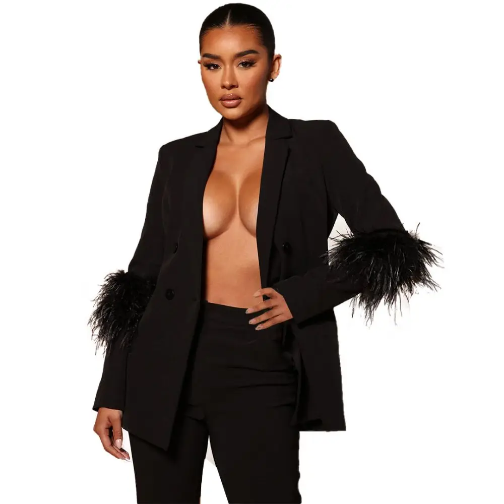 Women's  Pants Suit Long Sleeves Feather Design Two-piece Set 2023 New Spring Duble Breasted Top Pencil Trousers женские пиджаки