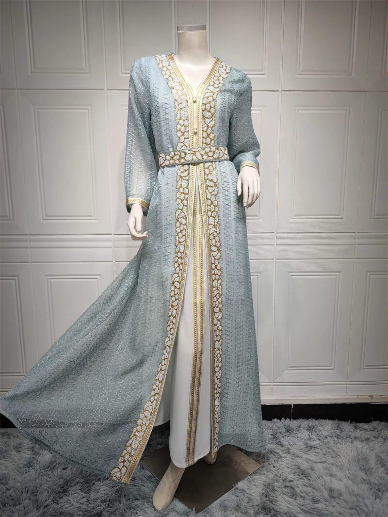 Elegant Turkish Abayas Muslim 2 Pieces Set Kaftan Dubai Luxury Diamonds Arabic Dresses Floral Embroidery Lace Tape Belted Dress
