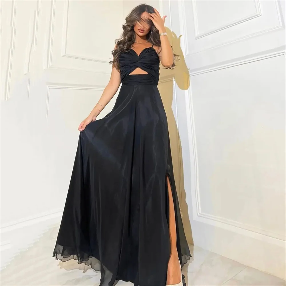 

MINGLAN Black Sweetheart Spagetti Strap Sleeveless Pleat A Line Evening Dress High Slit Floor Length Sweep Train Prom Gown New