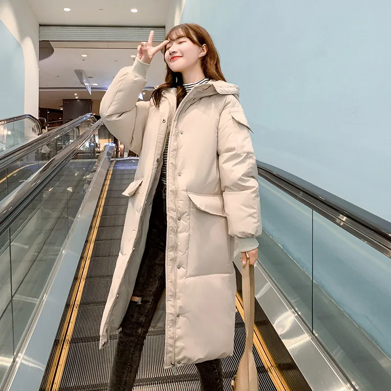 New Long Hooded Winter Down Coat Women Oversize Thick Warm Cotton Zipper Solid Color High Waist Long Sleeve Jacket with Pocket