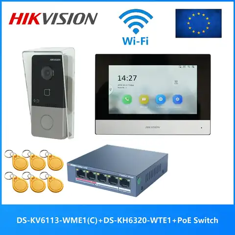 HIKVISION DS-KIS603-P(C), многоязычный комплект видеодомофона 802.3af POE, включает в себя DS-KV6113-WPE1 & DS-KH6320-WTE1 & PoE Switch