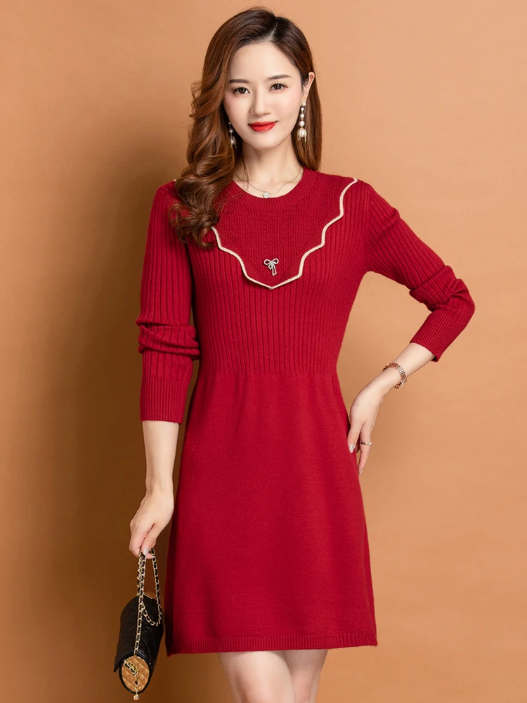 Трикотажное платье Женское осенне-зимнее новое пуловер средней длины с круглым