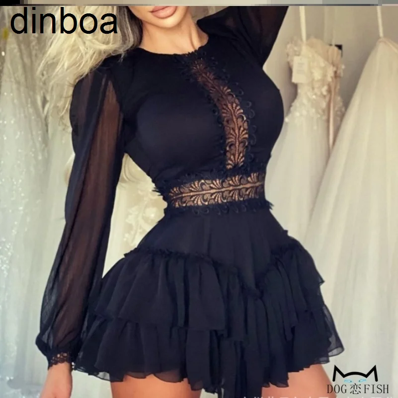 

Платье с оборками Dinboa, новинка 2023, Европейское и американское Сетчатое платье с кружевным воротником и поясом, женское платье с оборками