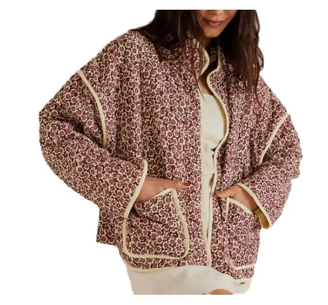 Женская Стеганая куртка в этническом стиле красная короткая с цветочным принтом