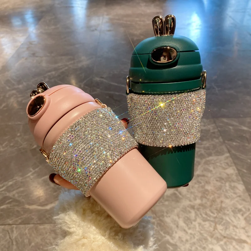 

Алмазная бутылка для воды, милый кролик, термос, бутылка 500 мл, фотостакан с соломинкой для кофе, чашка для горячих напитков, подарки для девушек, чашка с украшениями