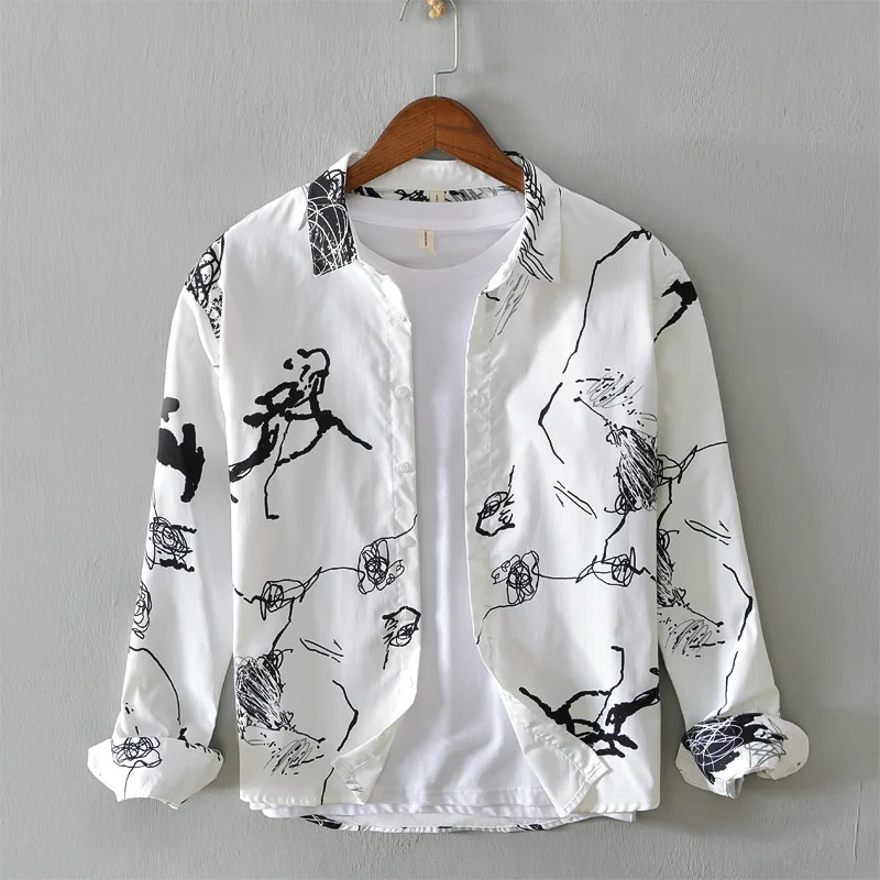 

Рубашка мужская с длинным рукавом, модная сорочка с принтом в японском стиле, удобная повседневная из полиэстера, топ с отложным воротником ...