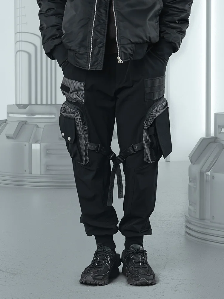 ENSHADOWER Techwear Fashion Streetwear Mulit Pocket Cargo Pants Tactical Paratrooper Pant Metal Nylon Splicing Molle System