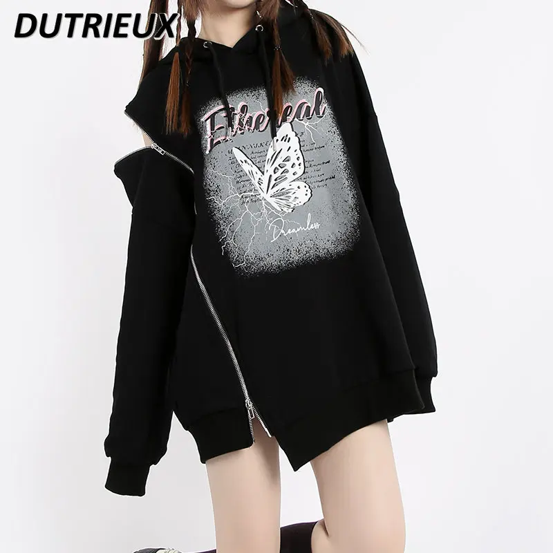 

Zipper Off-Shoulder Loose Mid-Length Autumn Sweatshirt High Street Women Heavy Industry New Cool Girl Long Sleeve Black Hoodies