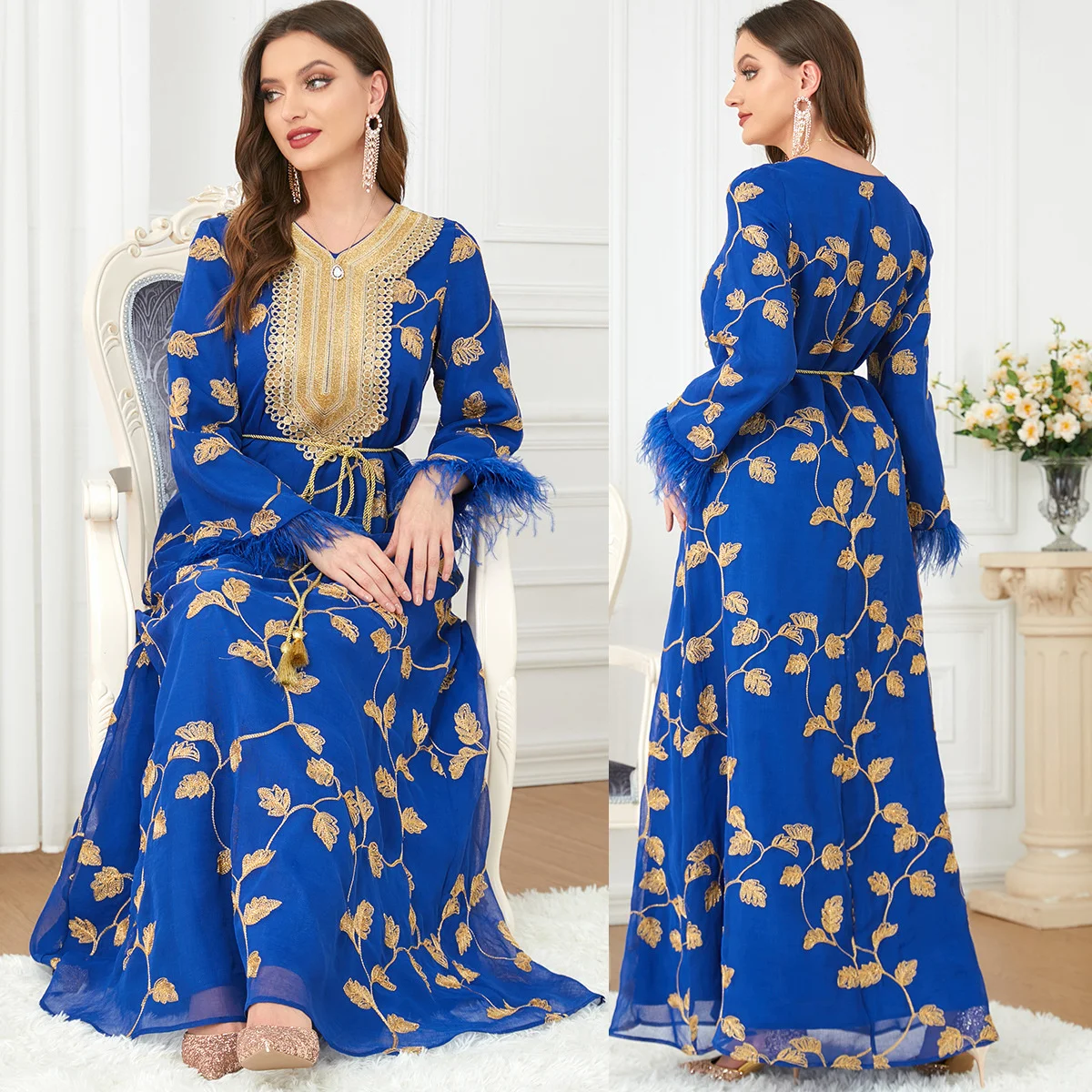 Abaya For Women Arab Autumn Long Dress 2023 New Women's Fashion Long-sleeved Gilded V-neck Dress Fashion Kaftan Clothing