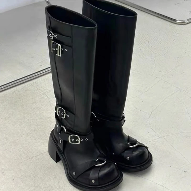 

Женские сапоги до колена, черные кожаные сапоги с перекрестной шнуровкой, Длинная женская обувь с пряжкой на ремешке и круглым носком, женские сапоги из металла