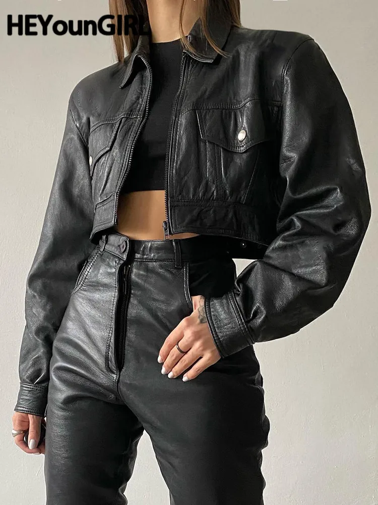 

Женская кожаная куртка HEYounGIRL в стиле Харадзюку, модные черные пальто на молнии, Укороченное пальто в стиле панк, зимняя куртка для гонок