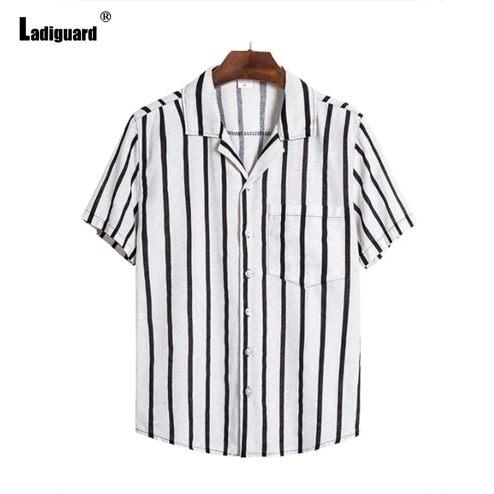 

Ladiguard Sexy Mens clothing 2022 Single-breasted Top Latest Summer Casual Blouse Plus Size Men Short Sleeve Fashion Linen Shirt