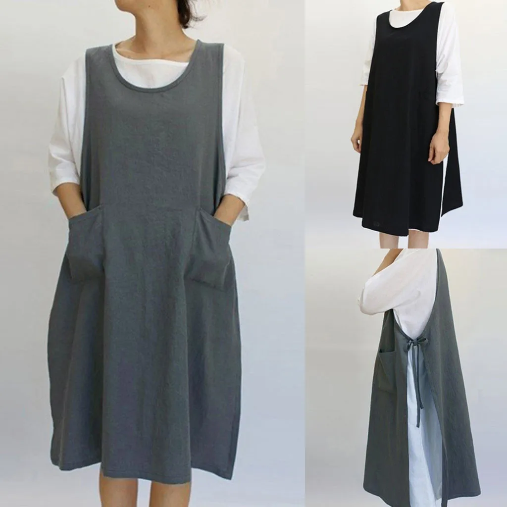 Kitchen Apron Cotton Tunic Dress Casual Sleeveless Knee-Length with Pockets Japanese Style Pinafore
