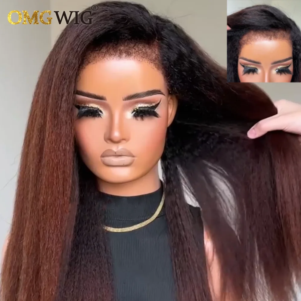 Фото 360-градусный бесклеевой парик из натуральных волос Ombre Brown Kinky Straight с гибридной линией волос, полный кружевной парик с невидимым ремешком для чернокожих женщин №3