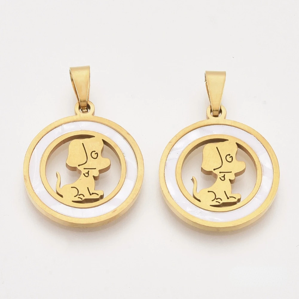 

1PC 201 Stainless Steel Puppy Pendants with Shell and Random Size Snap on Bails Flat Round with Dog / Fishbone Gold Plated