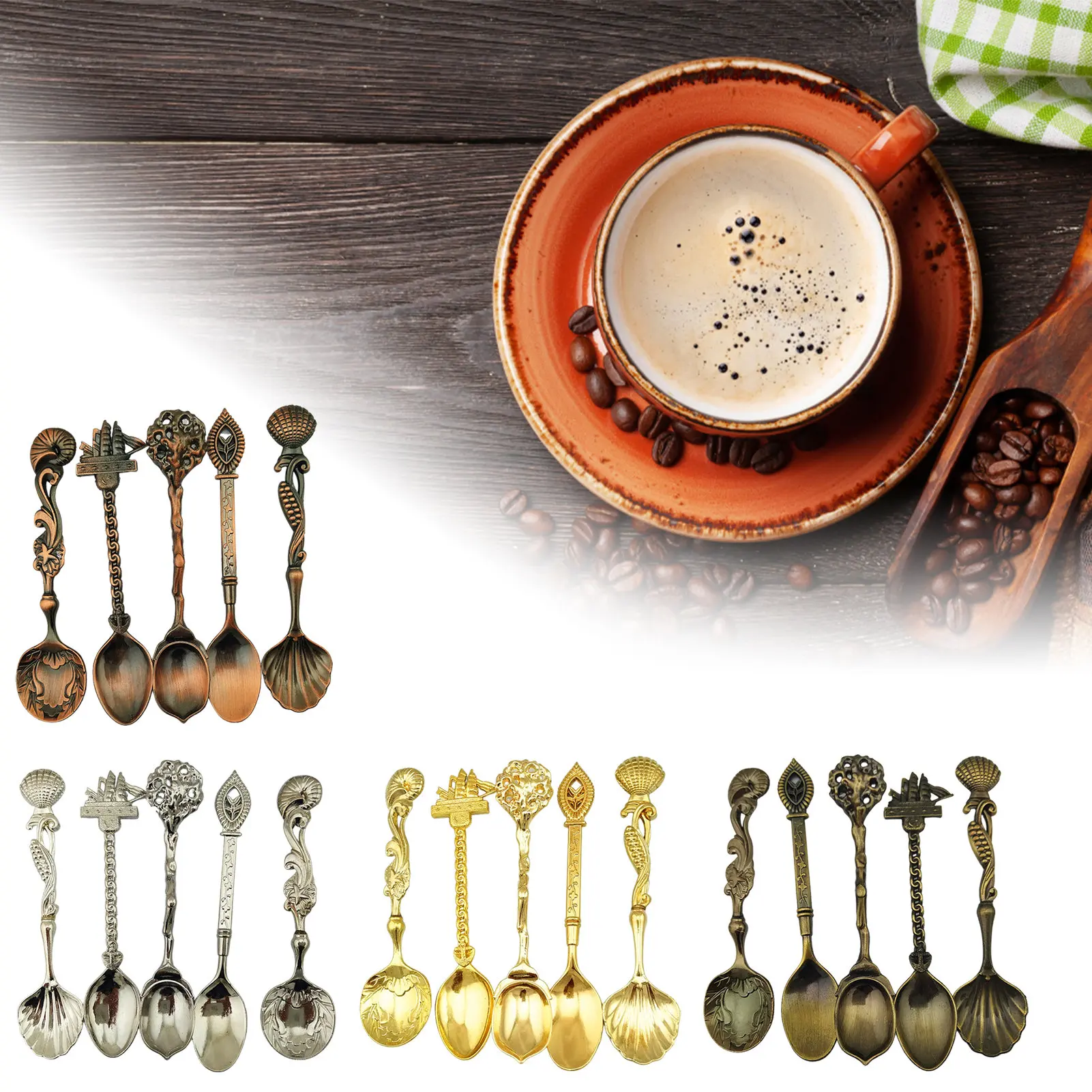 

Кофейные ложки в стиле ретро, 5 штук, ложки для изогнутого чая и десерта, антикварные чайные ложки для кафе, кухонные инструменты