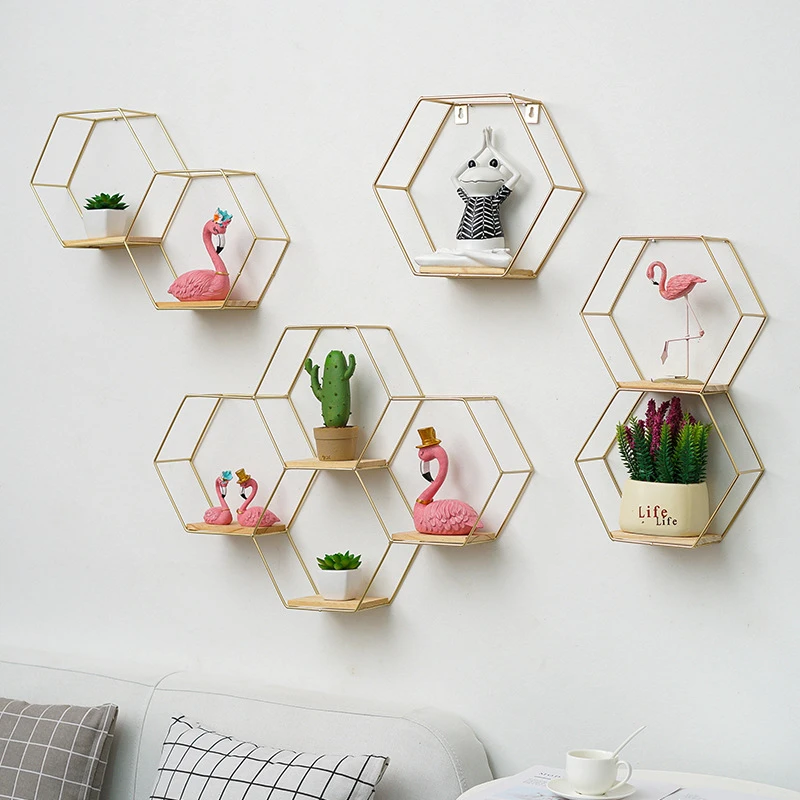 

Wall Shelf New Iron Storage Holder Wall-mounted Multifunctional Nordic Style Geometric Firm Hexagonal Shelf for Home Decoration