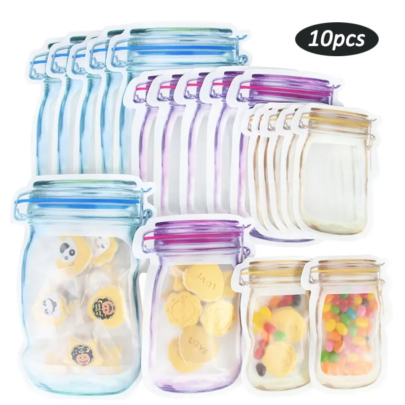 

10pc Reusable Mason Jar Bottles Bags Zipper Stand-Up Nuts Cookies Snack Food Storage Waterproof Seal Fresh Bag Kitchen Organizer